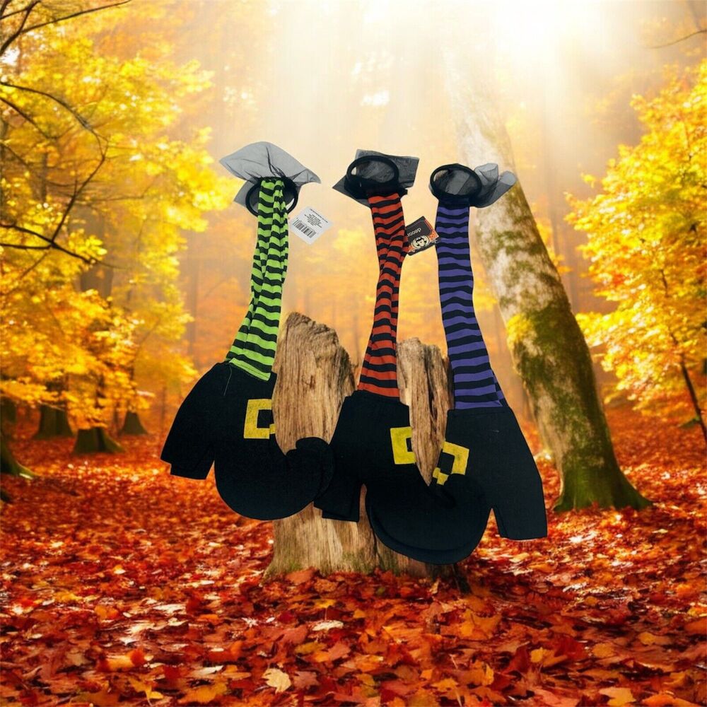 7 Halloween Decoration Door Hanger Witches Stocking Legs Orange Green Purple